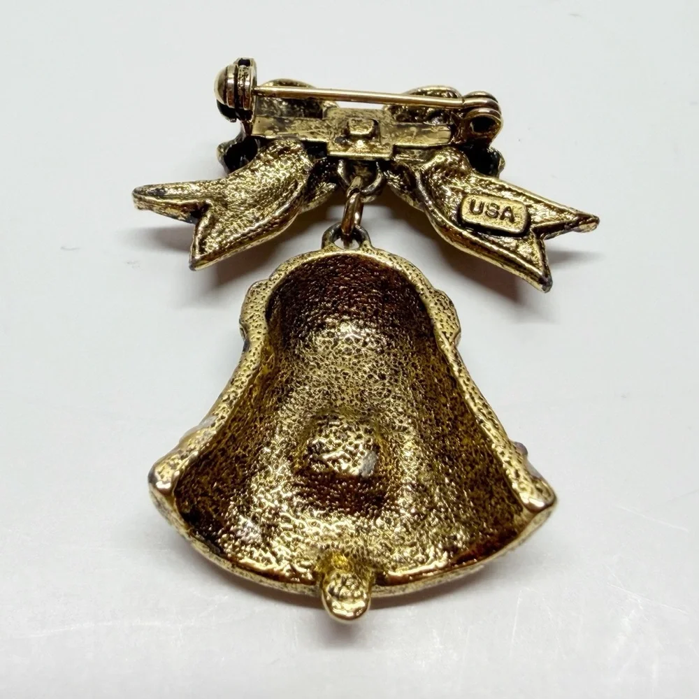 Vintage Enamel Rhinestone Bow Bell Brooch USA
